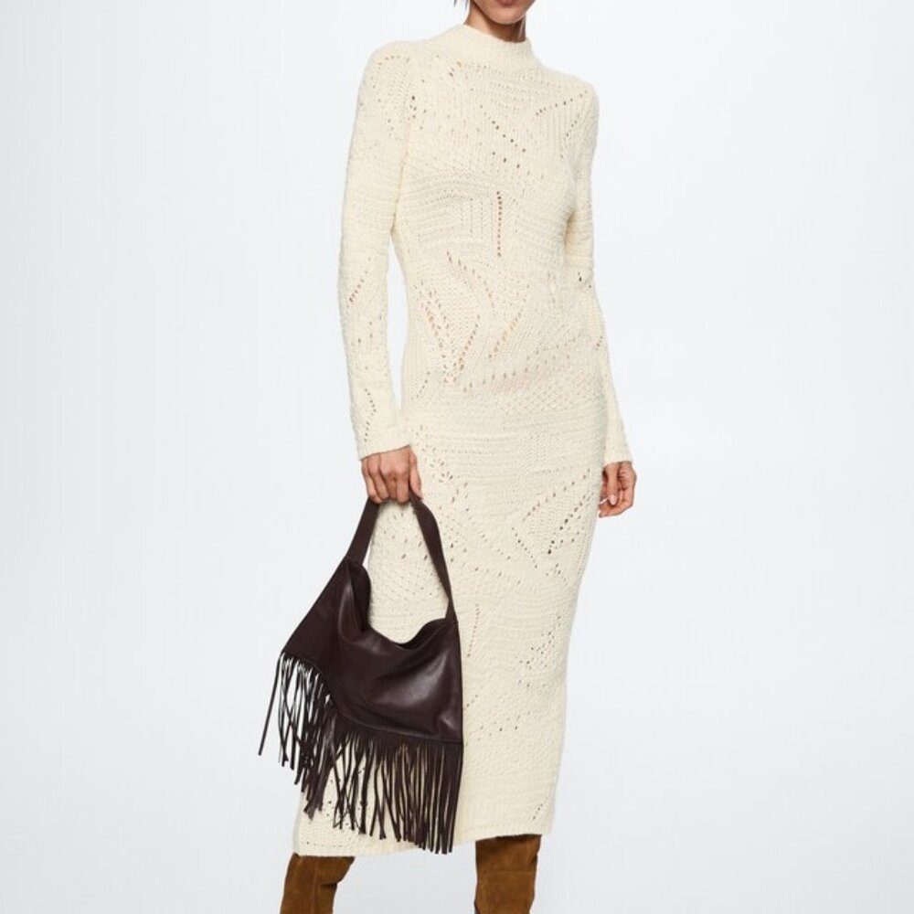MANGO: Cream Knit openwork detail sweater